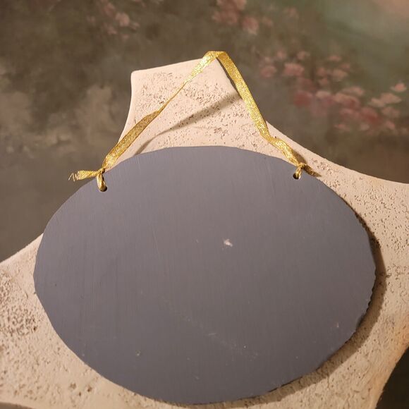 Slate Christmas Sign Hand Painted Oval Season's Greetings HollyBerry Gold Ribbon - Picture 3 of 3